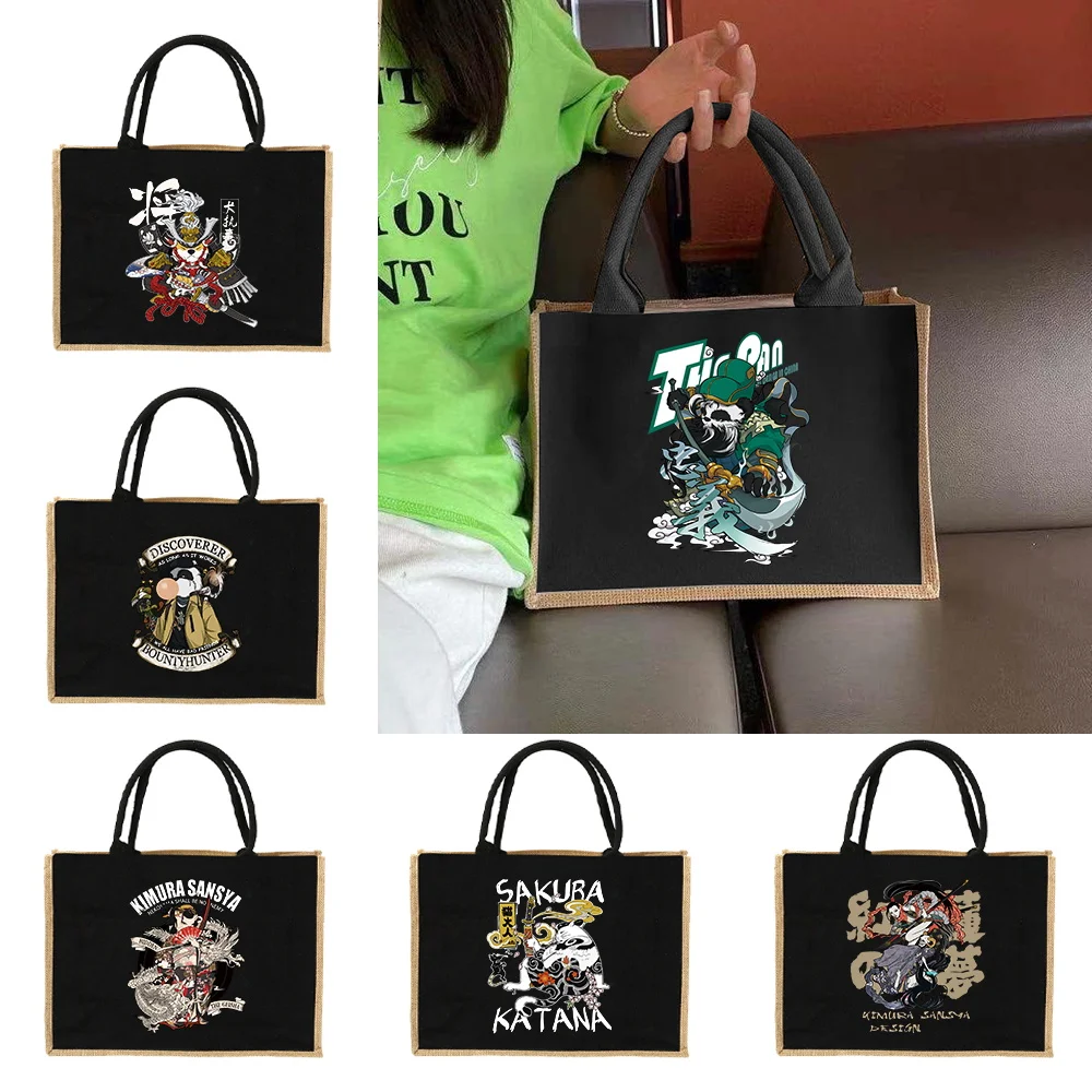 Women Bags Jute - حقيبة تسوق من الكتان بنمط الساموراي،