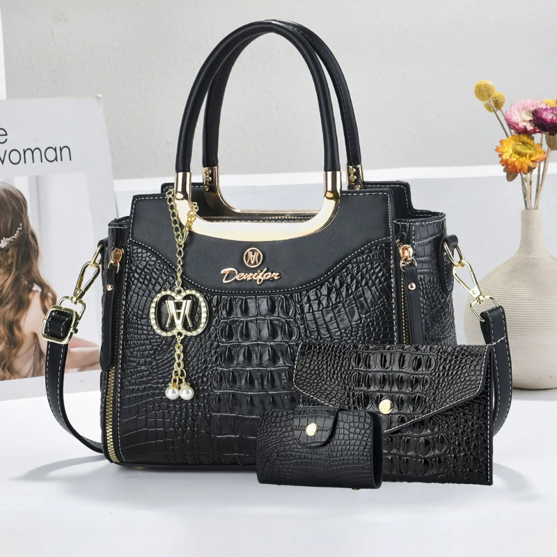 Women Bags Leather - مجموعة حقائب يد نسائية بنقشة التمساح،